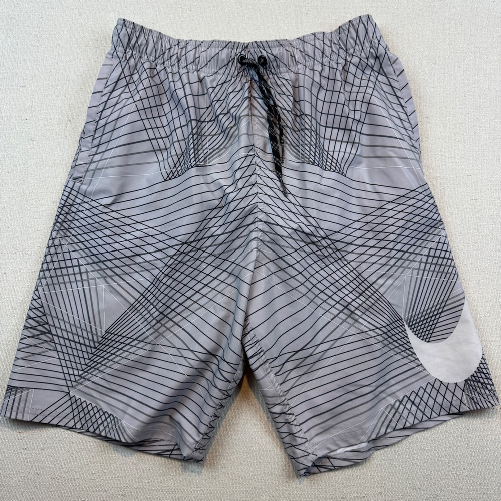 Nike Mens Small Swim Trunks Grey Black Geometric Grid Swoosh Shorts NESS8416